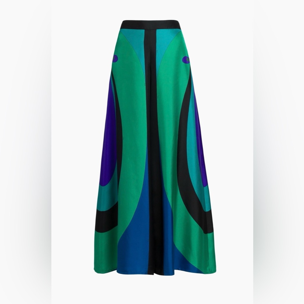 $1775 NWT Pucci Black Green Wide-Leg Print Silk Twill Trousers Pants Size 4